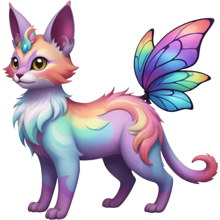 White iridescent with pastel rainbow-gradients-color-markings with swirly patterns butterflies  faerie-Noivern-Noibat-Purloin-Torracat-Lykoi-Caracal-cat-Fakemon-fusion-hybrid-creature emoji
