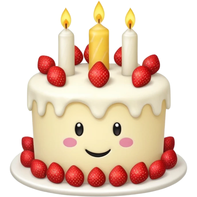 Jellycat vanilla cake with white frostting and strawberries on top with one candle with smiley face emoji