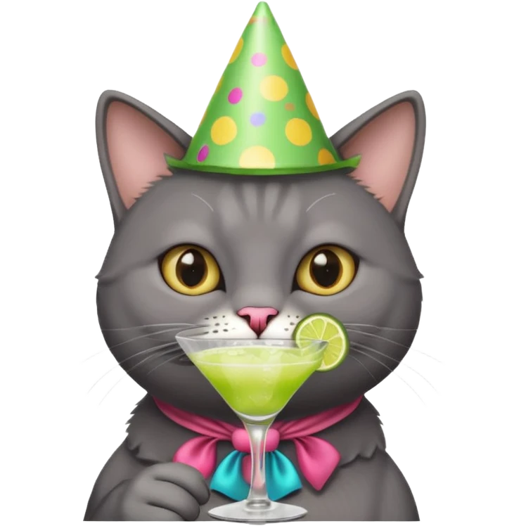 An old, dark grey cat is wearing a party hat, and drinking a margarita. emoji
