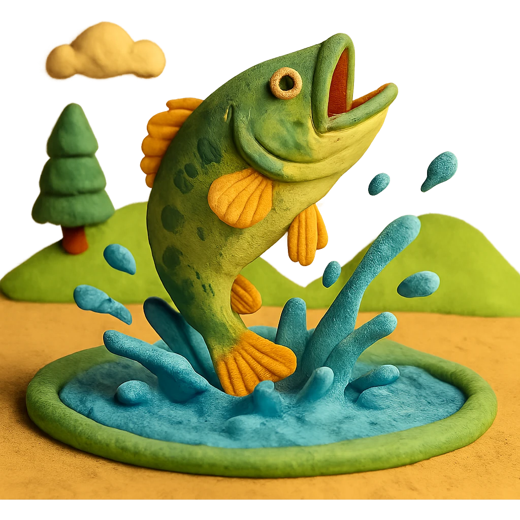 bass jumping out of a pond with water splashes, playful and colorful, claymation style emoji