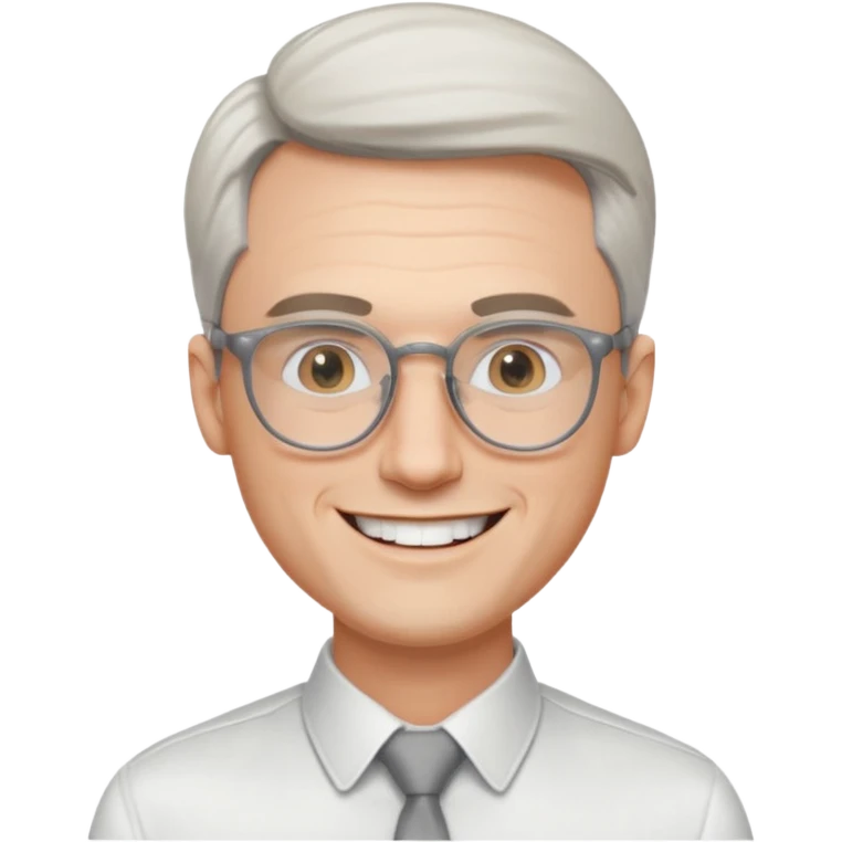 30 yr old pale white man, white/grey side swept stylish hair, round glasses, big smile, white teeth, handsome, longer hair, thin glasses, white dress shirt, smooth forehead, botox emoji