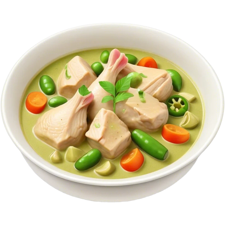 Green Chicken Curry Cinematic Realistic Green Chicken Curry Dish Emoji, depicted as tender chicken chunks simmered in a fragrant green curry sauce with vegetables, rendered with vivid textures and dynamic, vibrant lighting. emoji