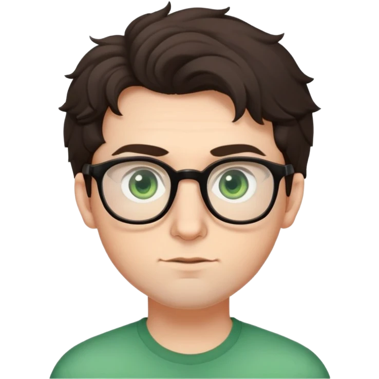 Young man with slightly curled dark brown poofy hair, green eyes wearing glasses, wide face with eyes set apart, bigger ears, pale skin, slightly bigger nose, and very light stubble emoji