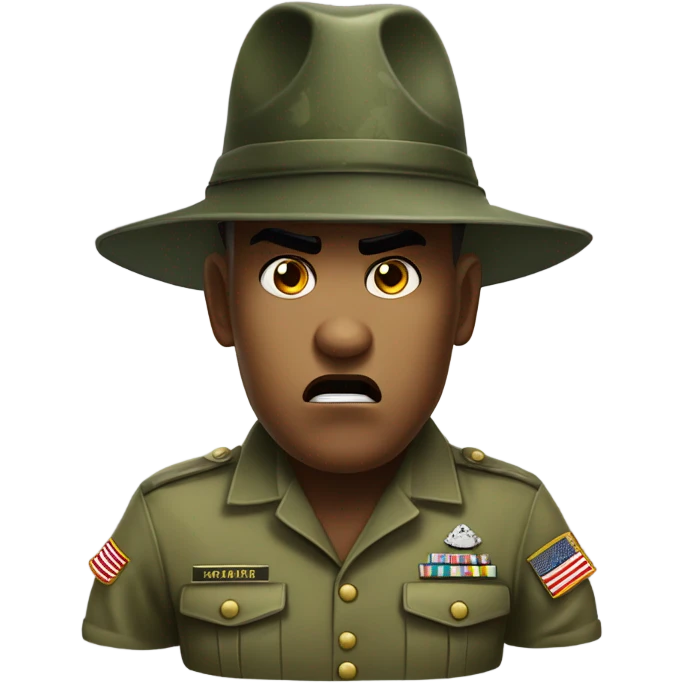 drill sergeant character wearing a classic sergeant hat and a camouflage army shirt. The character should have an angry intense expression. full torso emoji