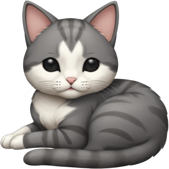dark grey and white small cat with his eyes closed leaning his head on his paw while leaning on his elbow lying down emoji