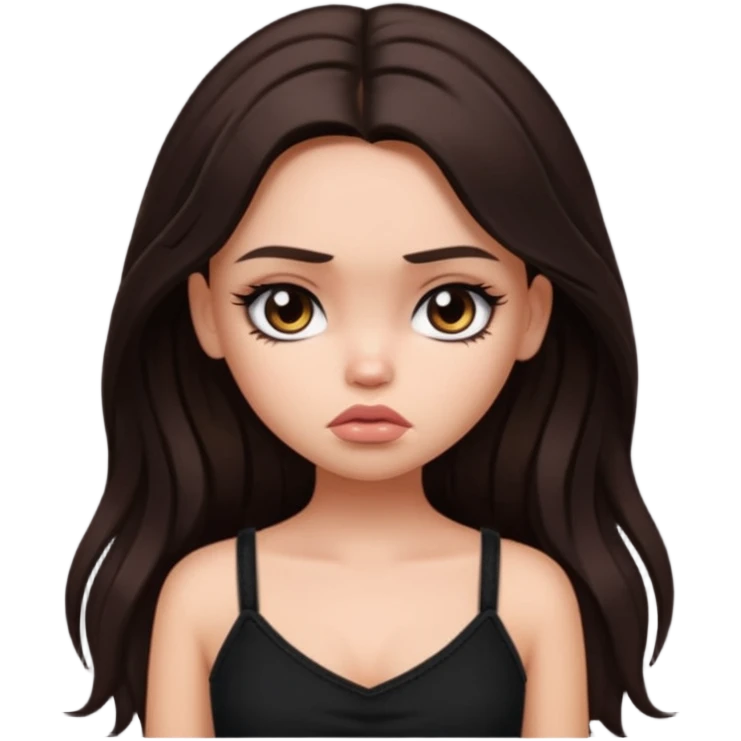 generate a pretty fair bratz girl with long dark brown hair looking sad. Wearing a black cami emoji