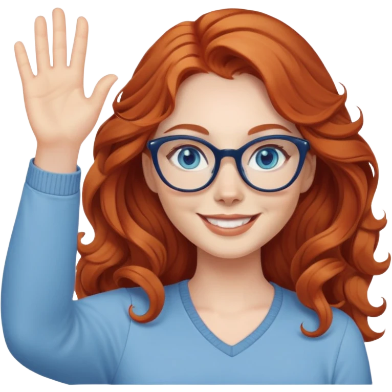 redheaded woman with long wavy hair, blue eyes, cat-eye glasses, casual outfit, smiling, waving emoji