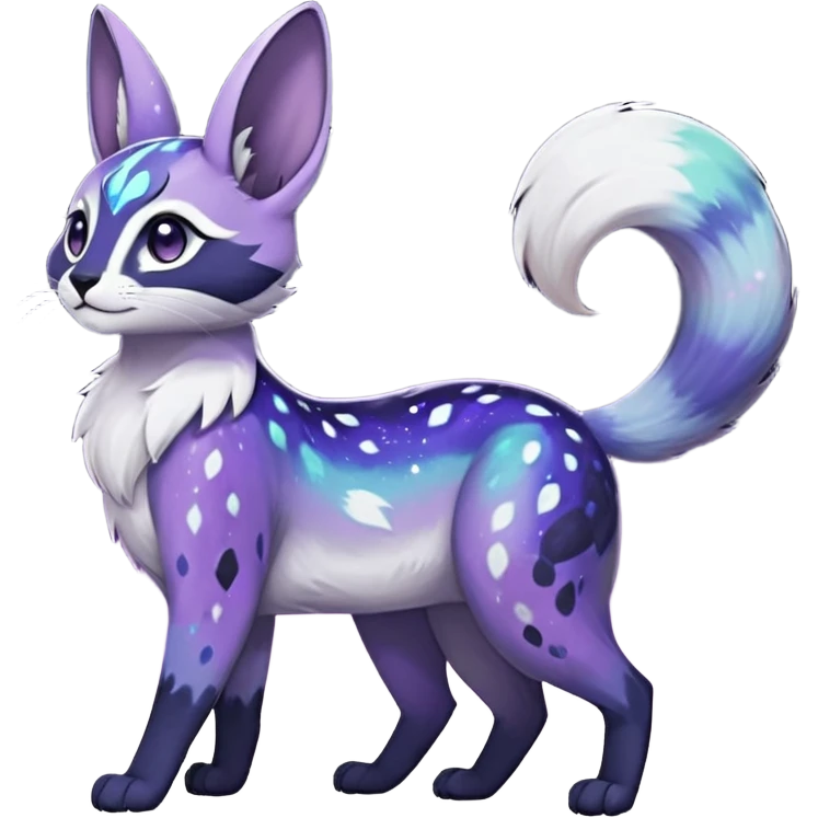 Colorful black-violet-indigo-purple-gradients nebulae nebula starry galactical shiny white-stars-spotted glorious iridescent divine exotic cute cool beautiful realistic Meloetta-caracal-civet-sergal-bunny-oncilla-animal-Fakémon-hybrid-fursona (full body) emoji