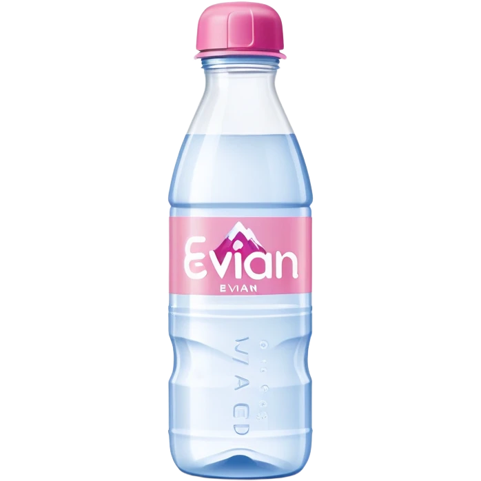 Evian branded water bottle with pink cap, clear plastic bottle showing the distinctive Evian mountain logo emoji