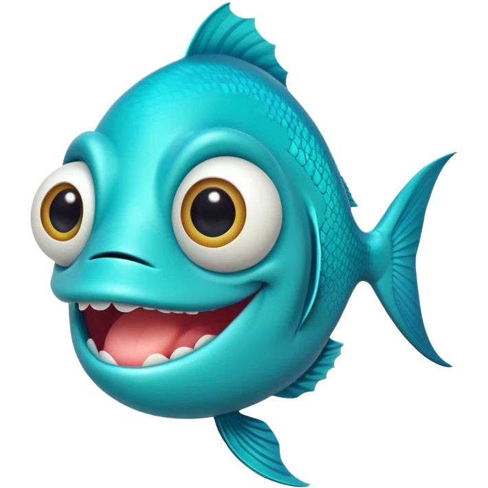 ultra stupid looking bright turquoise fish with dopey expression, huge silly grin with buck teeth, googly eye, perfect flat side profile facing right, exactly 90 degrees, one eye visible emoji