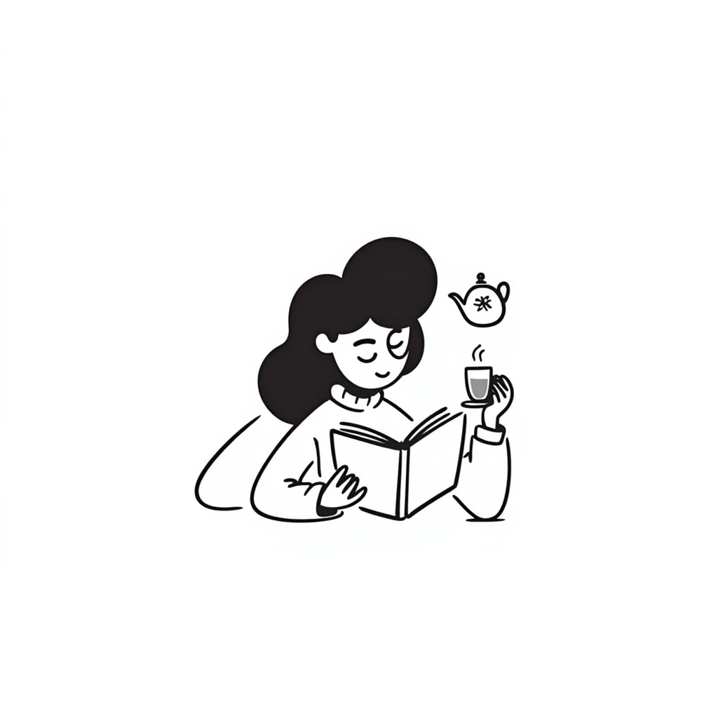 A person comfortably reading a book with a cup of tea nearby emoji