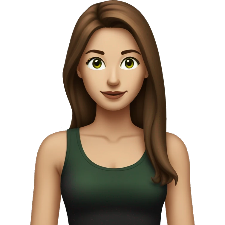 Attractive woman with very long chestnut-brown hair and dark green eyes wearing a black tank top emoji