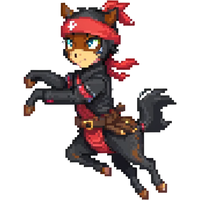 Ninja horse jumping in action, red headband, black outfit emoji