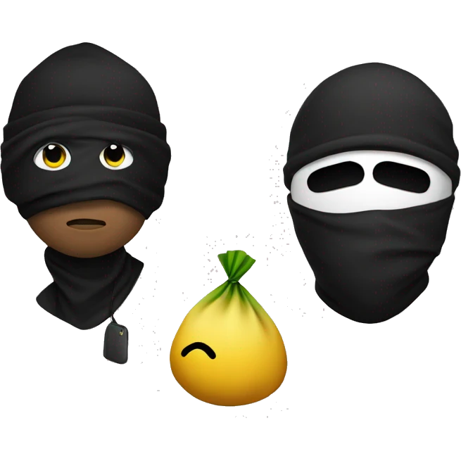 Robber Emoji with a black beanie, black eye mask with holes for his eyes, and a money bag emoji over his shoulder emoji