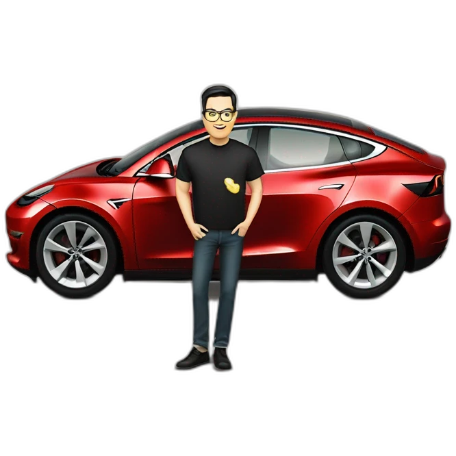 middle-age-lean-white-man,-with-black-hair-&-glasses, without beard or moustache,-wearing-tesla-t-shirt-riding-a-black-tesla-model-3 emoji