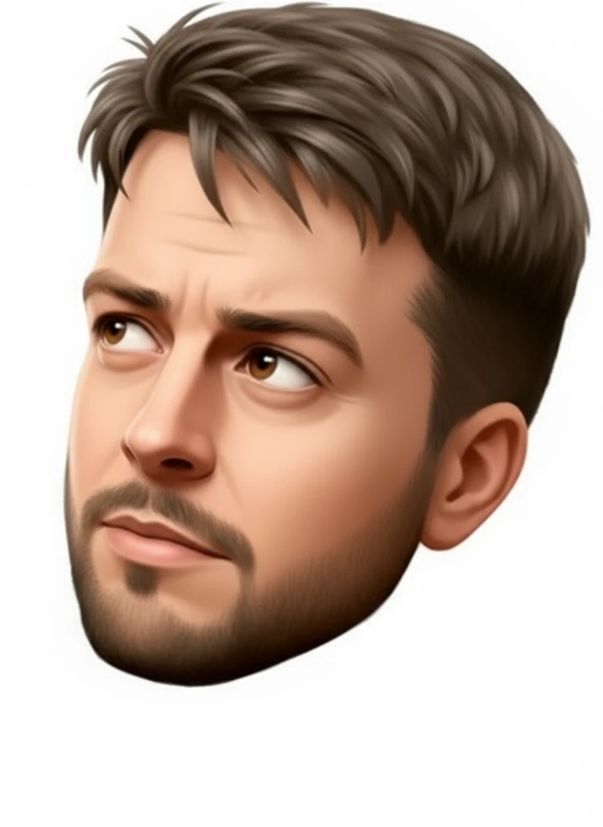 нарисуй точно такого же человека, с такой же эмоцией, но голова повернута в противоположную сторону, пробор на голове как в оригинале, без фона emoji