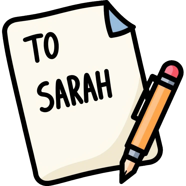 a paper letter with "TO SARAH" text written at the top of the letter, with a pen lying next to it emoji