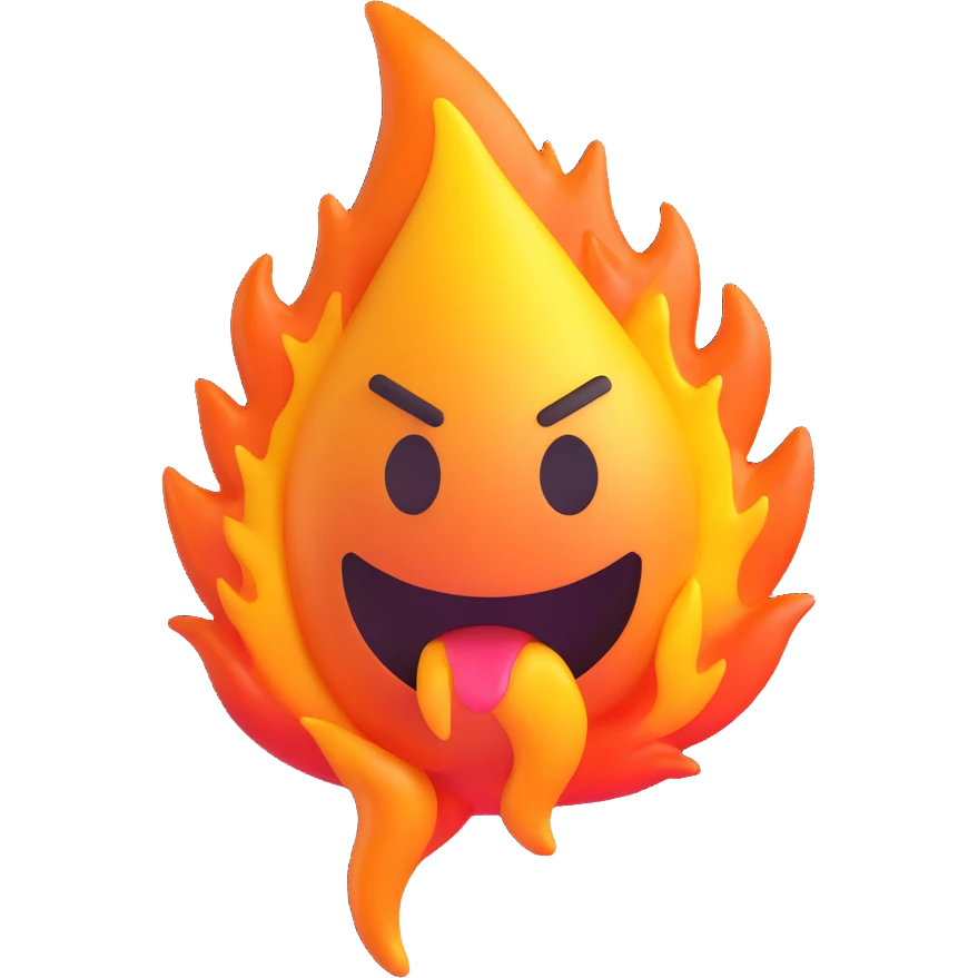 3D emoticon representing calorie expenditure, energetic expression, with elements like flame and sweat drops, Microsoft Fluent emoji style emoji