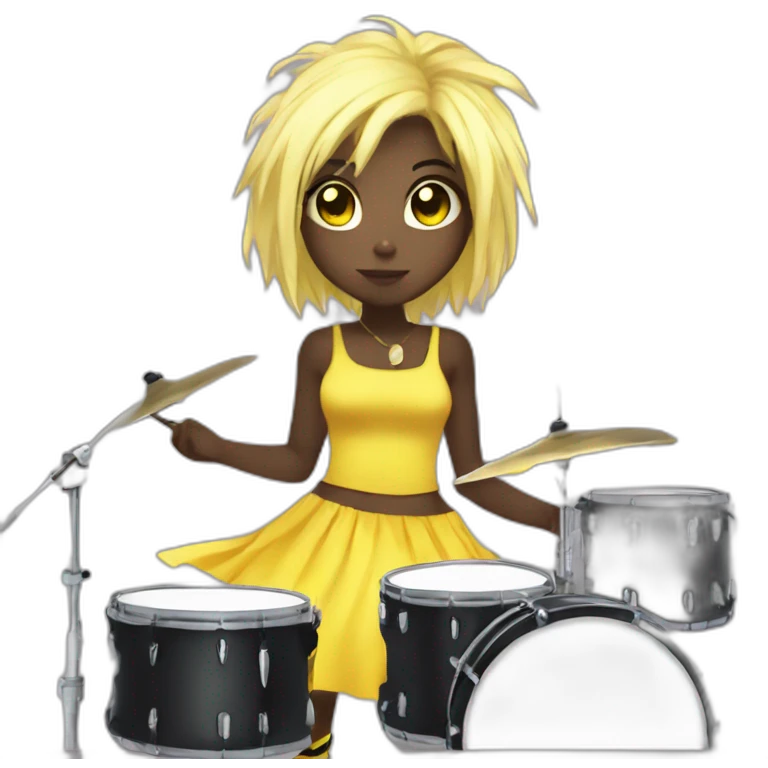 cute punk girl in yellow dress dark skin with yellow eyes and dark curvy hairs drummer anime style emoji