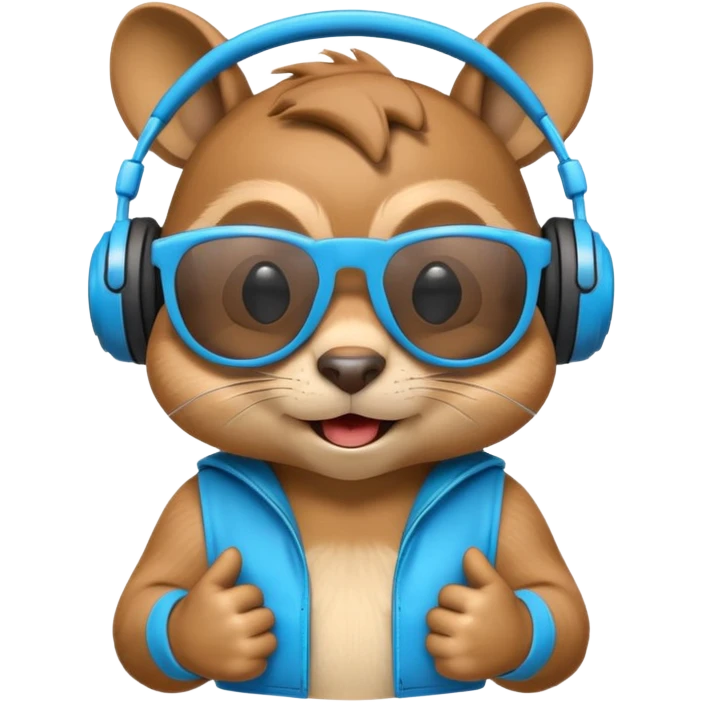 A high-detail 3D cartoon emoji of a cool chipmunk wearing oversized glowing blue DJ headphones and white retro sunglasses, expressive smirk, vibrant colors, white background, high gloss. emoji