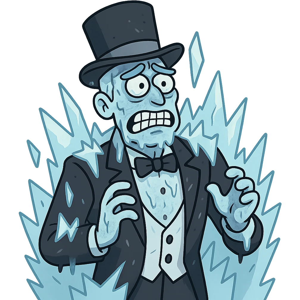 frozen man in a black and white suit with a top hat emoji