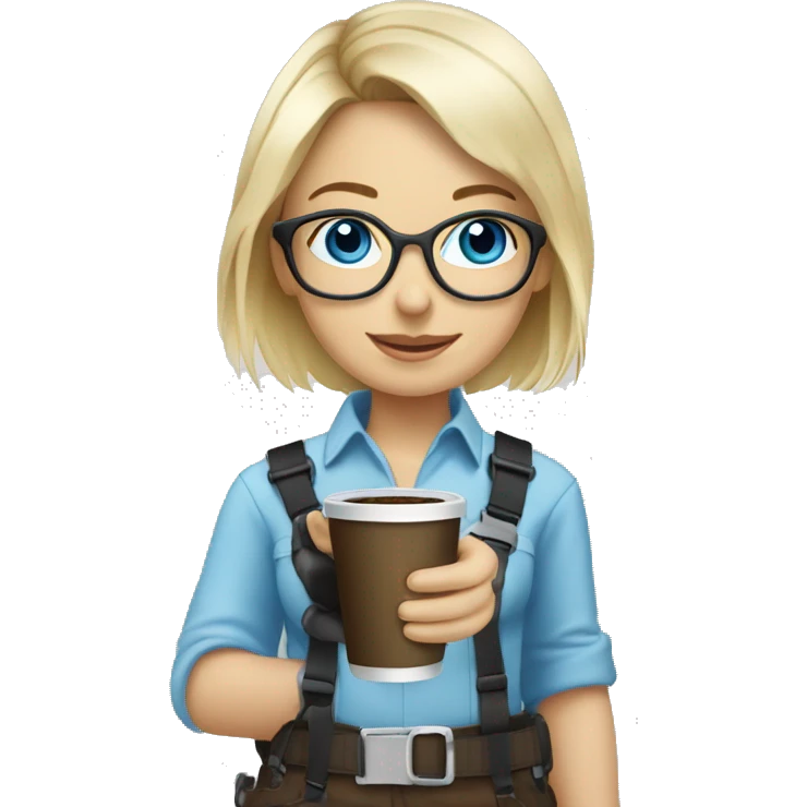 Blond girl with blue eyes and glasses drinking coffee wearing a harness and steel toe boots emoji