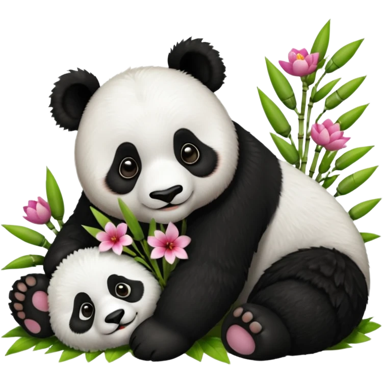 Panda laying on the ground with bamboo in its mouth with flowers emoji