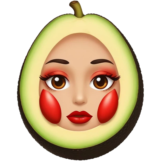 Aguacate con labios grandes rojos y maquillaje emoji