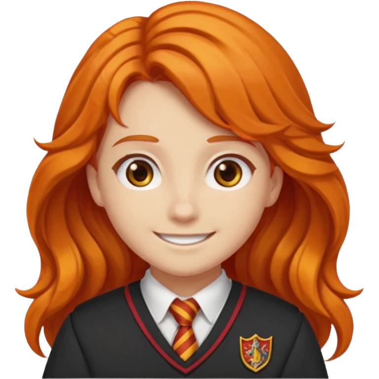 A iphone emoji with long wavy fierce orange hair and hazel eyes, wearing Gryffindor school uniform emoji