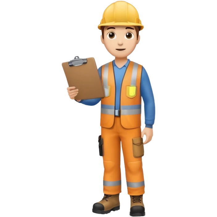 engineer standing with safety boots, holding a clipboard in one hand emoji
