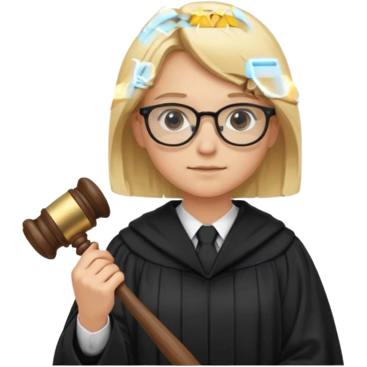 Young judge, blonde hair with glasses and robe, hold a gavel emoji