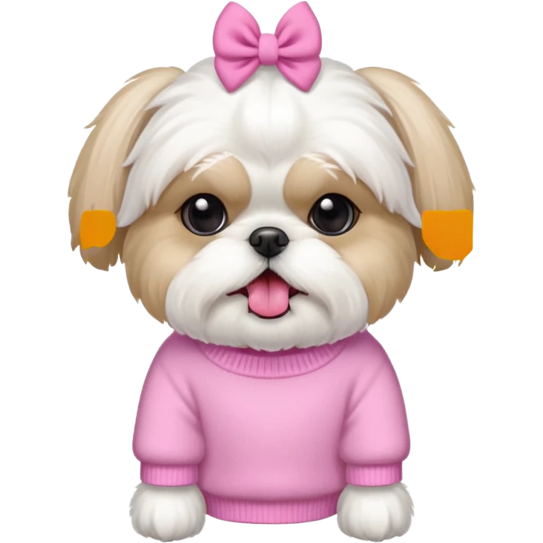 little all white shih tzu with pink bows & sweater tongue sticking out emoji