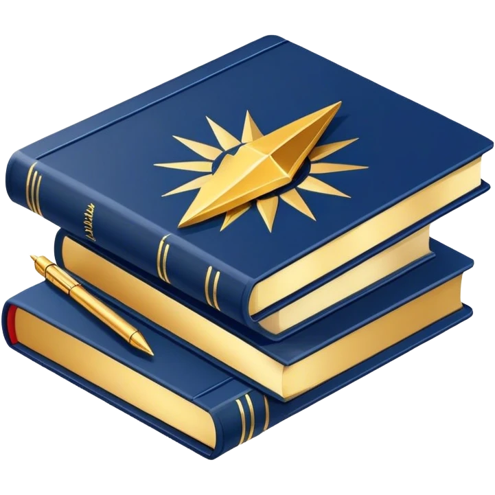 A navy blue productivity book with gold details, chart with upward trend aura, radiating productivity, strategy, and success in motion- emoji