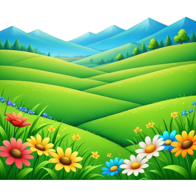 sunny landscape with green grass, blue sky, and colorful flowers emoji