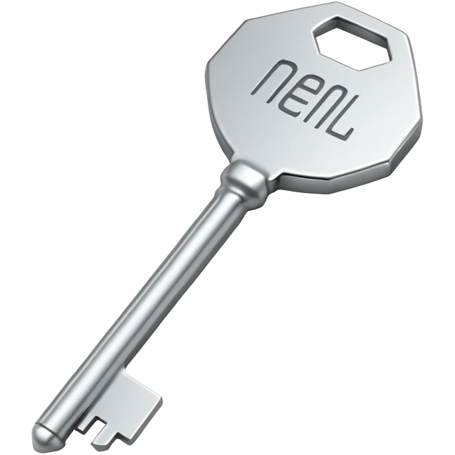 small silver metal key with hexagonal head and the word NATIONAL engraved, clean lines, soft silver tone, minimalistic and precise emoji