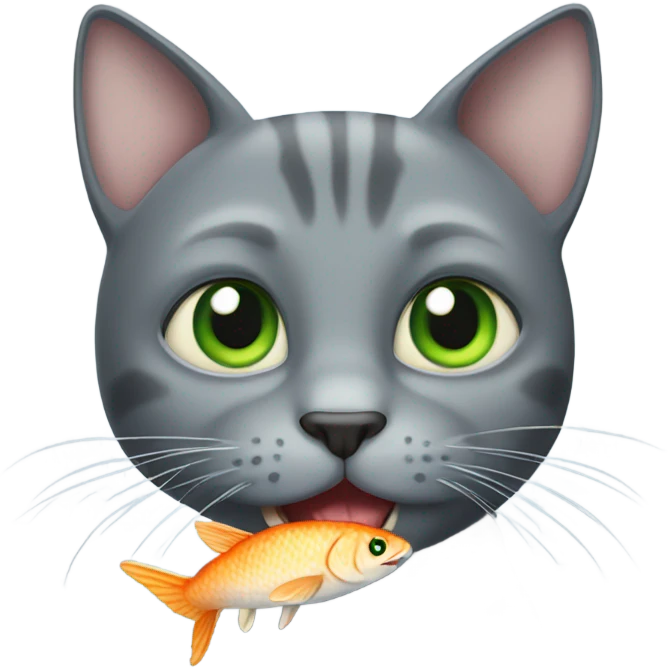gray Cat green eyes eating fish emoji