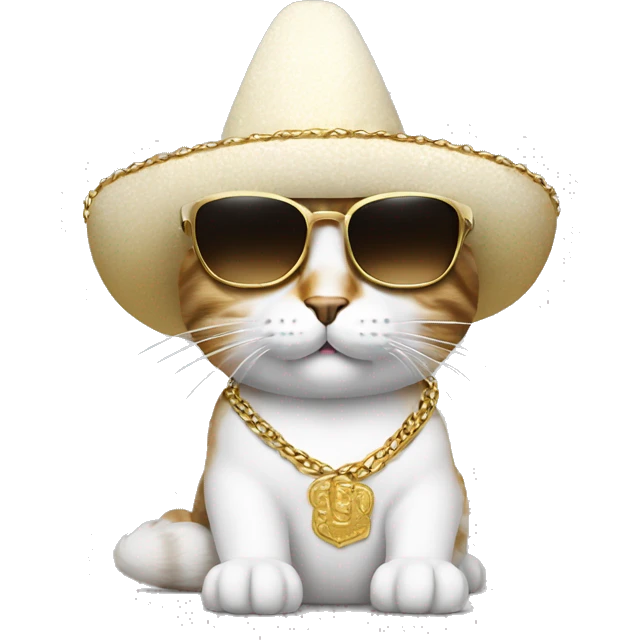 cat with a mexican hat wearing a gold chain with sunglasses bed white shirt emoji