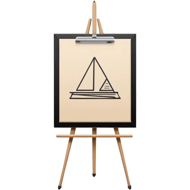 Minimalistic flat vector icon, iOS style, thin black contour on white background. Easel holding a canvas with simple sketch lines, pencil beside it. No text, no shadows emoji