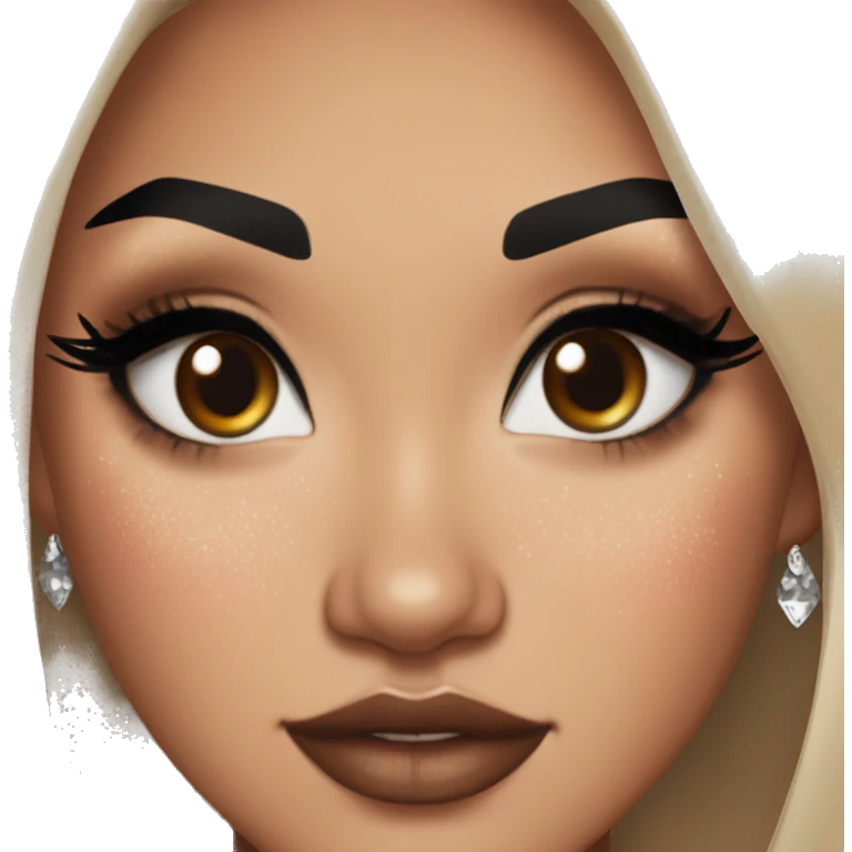 Alexa Demie euphoria show: warm brown eyes, bold black sharp eyeliner, sparkly rhinestones on eyes, dark arched brows, full nude-berry lips, light skin, high cheekbones, sleek dark brown long straight hair in ponytail.

 emoji