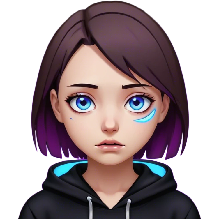 a girl with a brown bob and blue eyes in a black hoodie is crying Cyberpunk style. Violet neon. emoji