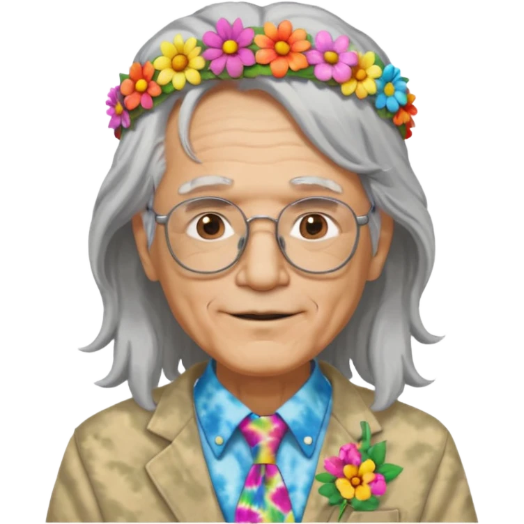 elderly man with long grey hair, glasses, peace sign necklace, tie-dye clothing, flower crown emoji