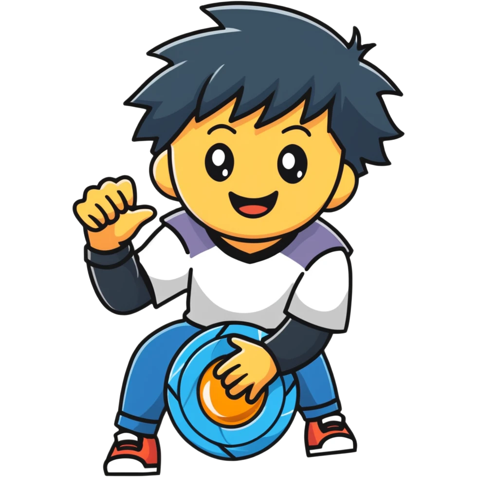 happy kid launching a beyblade, joyful expression emoji