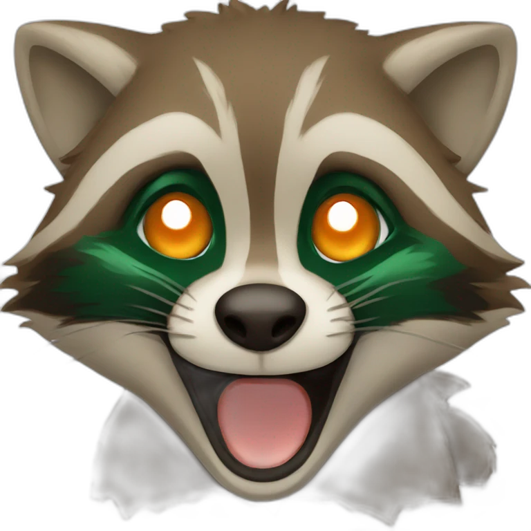 brown raccoon with orange eyes and a dark green hood that is laughing emoji