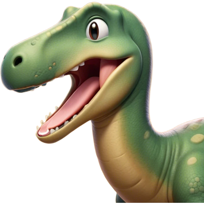 Cinematic Cute Yawning Brontosaurus Portrait Emoji, Head tilted slightly with a dramatic, wide-open yawn, showcasing its monumental, elongated neck and a massive, textured body with sleepy, half-closed eyes and a relaxed, open mouth, Simplified yet irresistibly cute features, highly detailed, glowing with a soft, cozy ancient glow, high shine, relaxed yet expressive, stylized with a dash of whimsical prehistoric ease, soft glowing outline, capturing the essence of a drowsy yet affectionate Brontosaurus that appears ready to stretch and yawn its way out of the screen! emoji