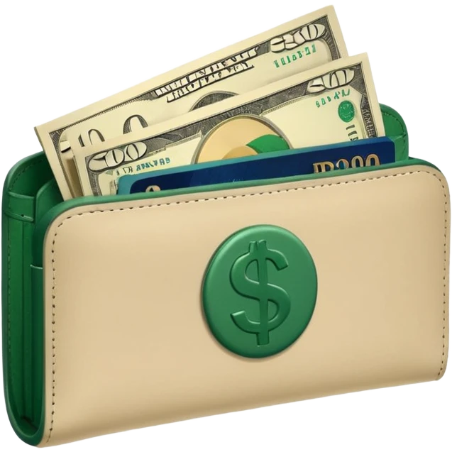 light beige wallet with dark green dollar bills sticking out, minimalist, emoji style emoji