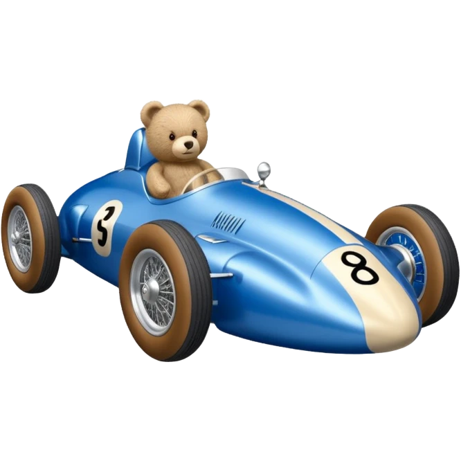 Metallic blue and lightly chrome-accented Antique-looking  kid-sized race car for teddy bear with custom aero body and rear wing emoji