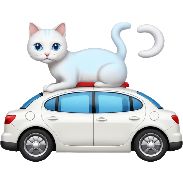 Please create a small emoji the size of 🚗 featuring a pure white cat with short tail with blue eyes on a white saloon car viewed from side. Again it is necessary that the emoji must be extremely small, much smaller than a standard sized sticker. emoji