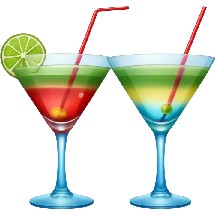 Create an emoji of two cocktails cheers action, one glass of green and yellow color and one glass of blue and red, without any fruit emoji