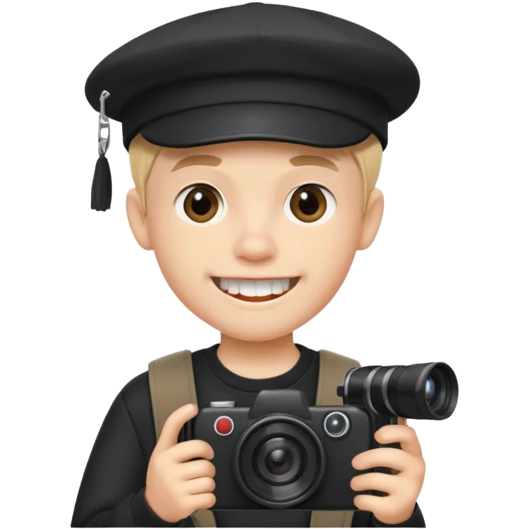 cartoon schoolboy with black cap prominent front teeth holding a camera in his hand emoji