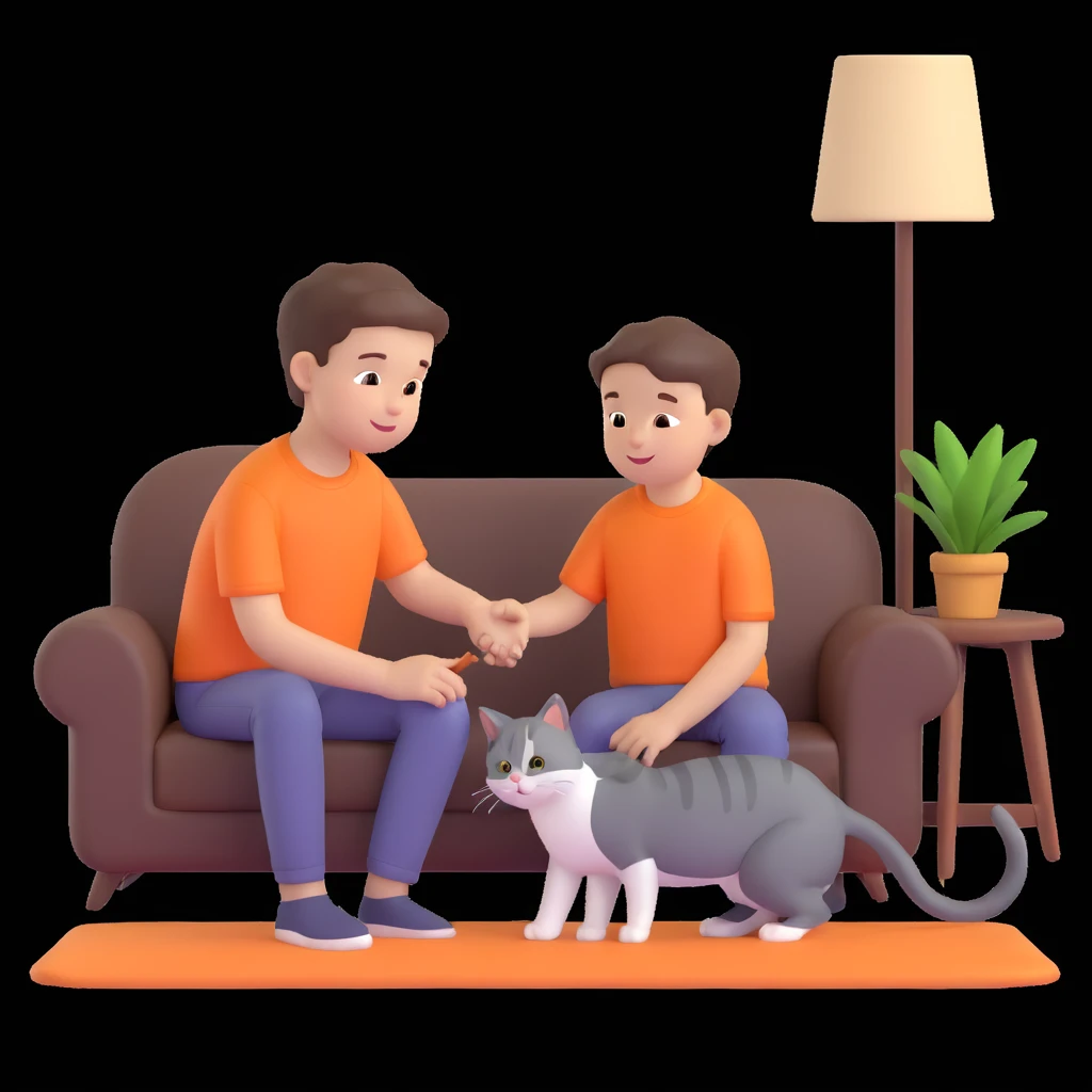 boy and cat pet, living room background emoji